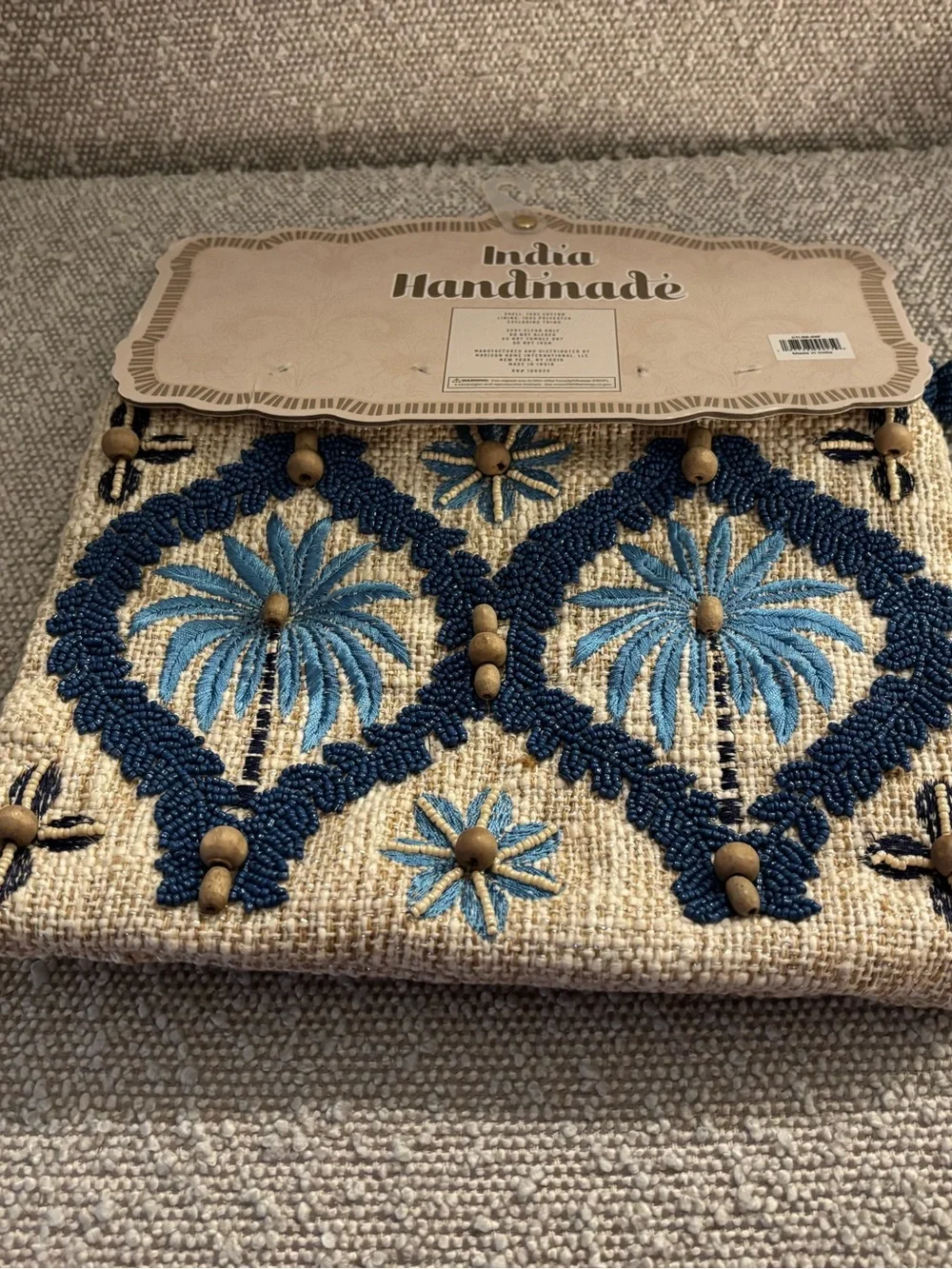 Handmade Beige Cosmetic Clutch with Blue Embroidery